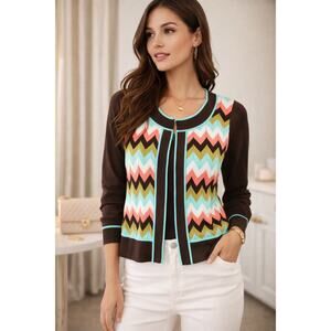 Milly Sweater Womens Large Retro Chevron Cardigan Brown Turquoise Coral Chic